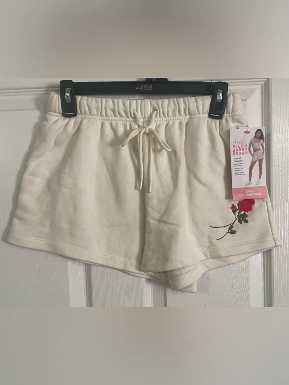 NWT Mills by Millie Bobby Brown Ivory Rose Embroidered Terry Lounge Shorts XS